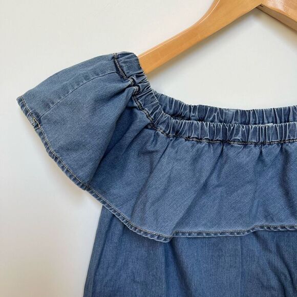 Chelsea28 Chambray Denim Ruffle Top Off the Shoulder Blouse Blue womens size xs - Picture 4 of 10